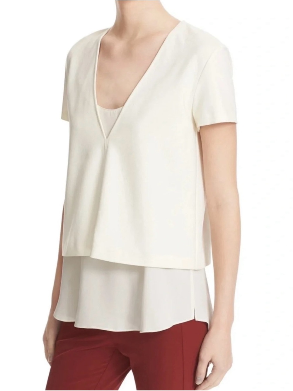 Theory Cream Layered V-Neck Short-Sleeve Blouse
